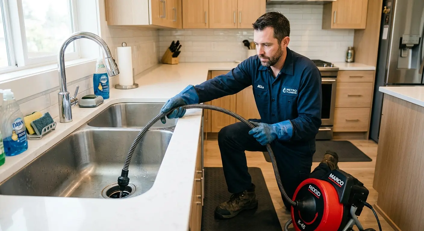 Drain cleaning technician using a motorized snake on a kitchen sink in McAlester