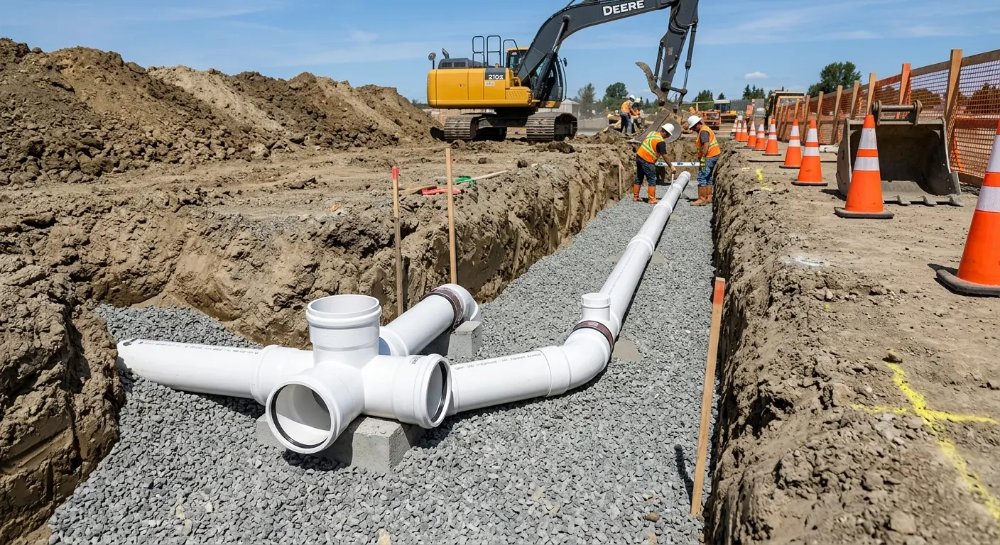New PVC sewer pipe installation in open trench for Sewer Backup in McAlester