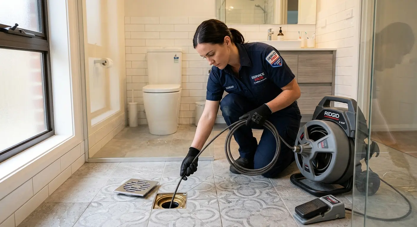 Technician clearing a bathroom floor drain for Drain Repair in McAlester